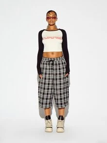 SUMWON WOMEN Raglan Long Sleeve Crop Top With Contrast Sleeves And Humorous Chest Text Print For Casual Everyday Wear - Black and White - View 2