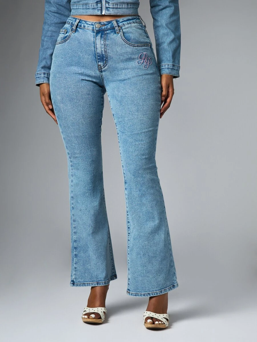 BABYPHAT Women's Fashion Hot Girl Embroidered Button Pocket Flared Jeans - Medium Wash - View 1