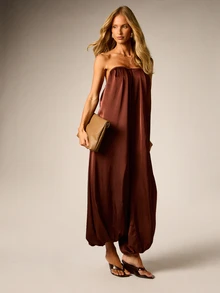 AiiRZ Strapless Satin Wide Leg Full Length Jumpsuit Balloon Hem Backless One Piece Formal Evening Party Holiday Occasion Wear - Brown - View 3
