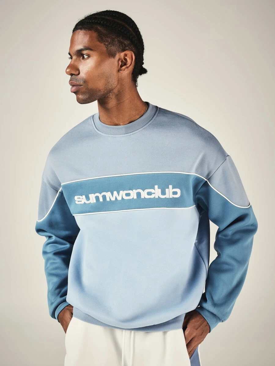 SUMWON Club Color Block Crew Neck Sweatshirt With Embroidered Logo Chest Print And Contrast Piping Detail - Blue - View 1