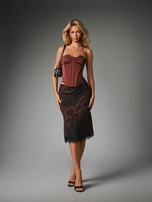 MISSGUIDED Rok Midi Satin Motif Leopard dengan Trim Renda Hitam di Kelim, Potongan A-Line, Pinggang Tinggi, Panjang di Bawah Lutut, untuk Malam Musim Gugur dan Musim Dingin - MultiWarna - View 2