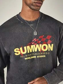 SUMWON Worldwide Washed Oversized Long Sleeve Tee With Racing Flag Chest Graphic Print And Crew Neck - Dark Grey - View 5