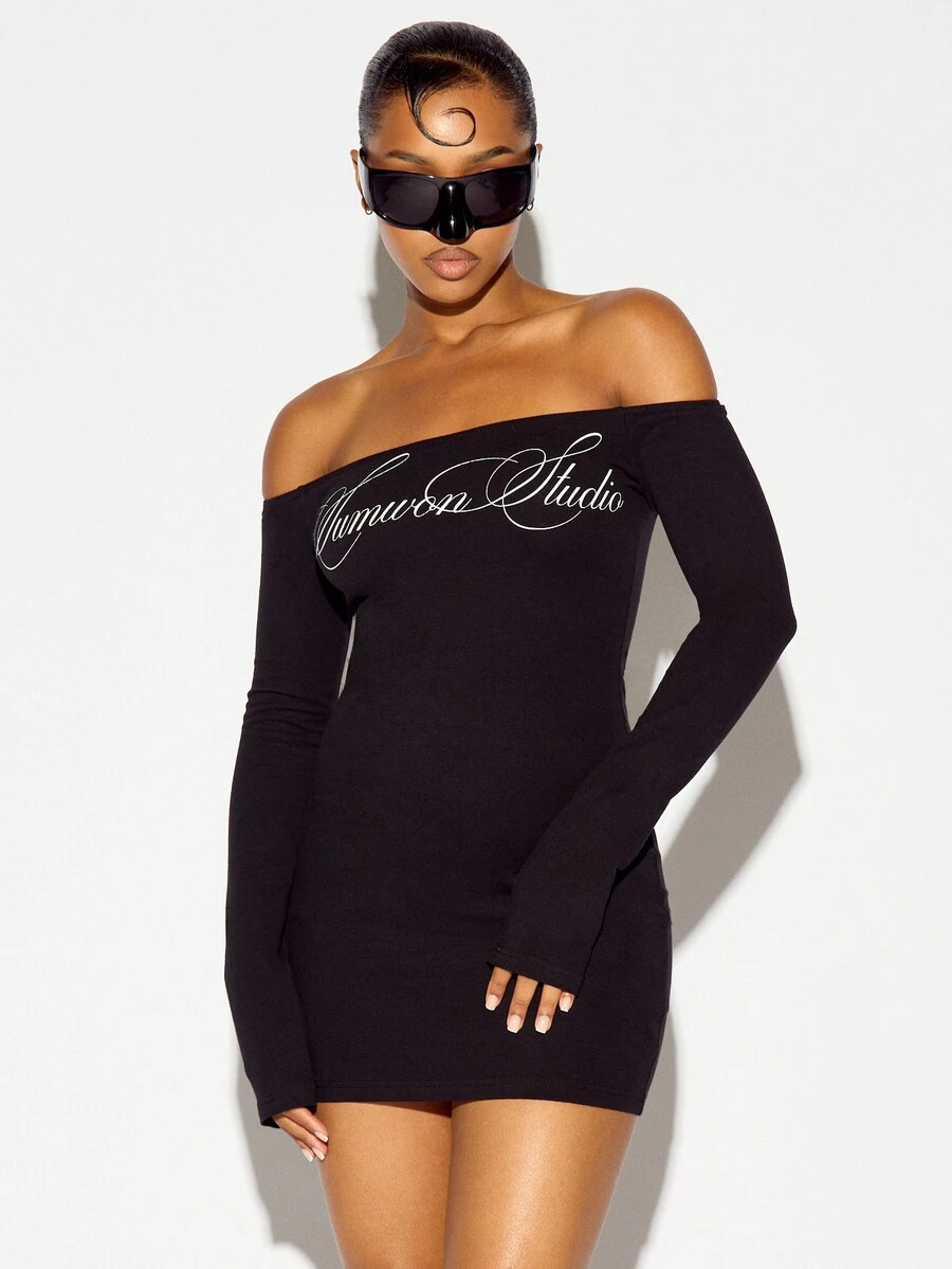 SUMWON WOMEN Oversized Cold Shoulder Bodycon Mini Dress With Long Fitted Sleeves And Chest Script Logo Detail For Party And Night Out - Black - View 1