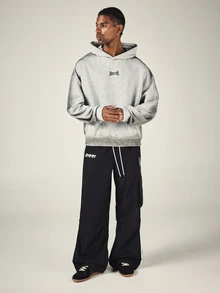 SUMWON Wide Leg Black Cargo Track Pants With Contrast Side Stripe Drawstring Waist And Thigh Pocket Logo Detail - Black - View 3