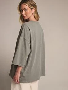 KSTM Oversized Crew Neck Boxy T-Shirt With Drop Shoulder And 3/4 Sleeves In Longline Silhouette Perfect For Casual Summer Everyday Wear - Grey - View 2