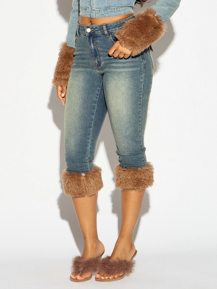 SUMWON WOMEN Faux Fur Trim Cropped Capri Skinny Jeans High Rise Washed Denim With Fluffy Cuffed Ankle Detail Fall Winter Festival - Blue - View 1