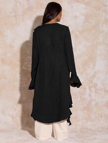 FASHION SZN Blus Fashion Wanita Ukuran Besar Warna Polos Kerah Ruffle Ikat Depan Lengan Mengembang - Hitam - View 2
