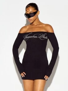 SUMWON WOMEN Oversized Cold Shoulder Bodycon Mini Dress With Long Fitted Sleeves And Chest Script Logo Detail For Party And Night Out - Black - View 3