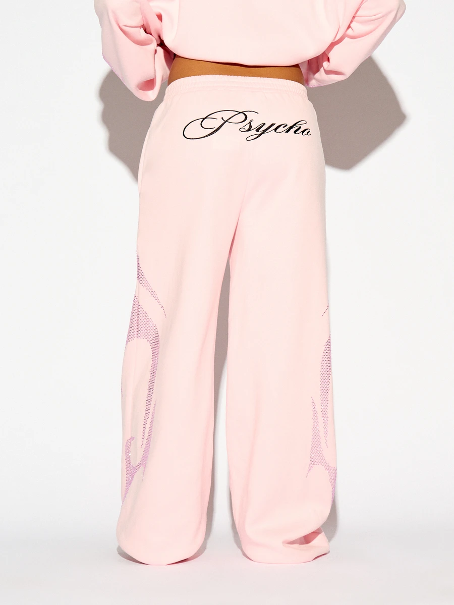 SUMWON WOMEN Celana Sweatpants Kaki Lebar Oversized dengan Bordir Tulisan Psycho, Print Api Abstrak di Kaki, Pinggang Elastis, Celana Loungewear Kasual - Berwarna merah muda - View 1