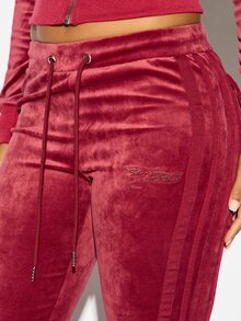 SUMWON WOMEN Velvet Flared Track Pants With Side Stripe Detail Low Rise Drawstring Waist And Tonal Embroidered Logo Patch Pockets Full Length - Red - View 4