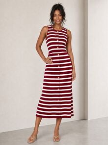 ELLERISSA Burgundy Striped Round Neck Sleeveless Button Front Knit Midi Dress - Burgundy - View 5