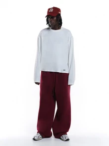 PLAYBOY X SUMWON Bunny Logo Wide Leg Sweatpants Drawstring Waist Fleece Jogger Trousers With Side And Back Pockets Fall Winter Casual Streetwear - Burgundy - View 3
