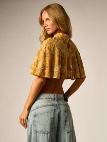 AiiRZ Floral Lace Crop Blouse With High Neck Bell Sleeves Open Back Button Detail Summer Festival Boho Top - Yellow - View 2