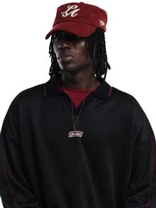 SUMWON Oversized Half-Zip Collared Sweatshirt With Number 9 Back Print And Contrast Red Piping Detail Long Sleeve Top - Black - View 5