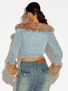 SUMWON WOMEN Cropped Denim Jacket With Faux Fur Collar And Cuffs Trim Zip Front Fitted Fall Winter Shearling Style Outerwear - Light Wash - View 2