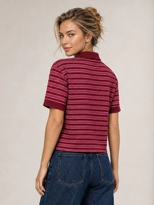 ELLERISSA Burgundy Stripe Collared Short Sleeve Button Front Knit Cardigan Top - Multicolor - View 2