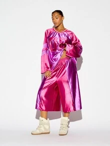 SUMWON WOMEN Oversized Metallic Satin Wide Leg Culottes High Rise Elastic Waist Midi Length Shiny Party Festival Summer Statement Bottoms - Red - View 2