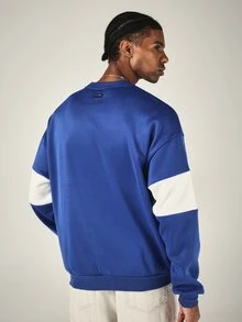 PLAYBOY X SUMWON Regular Oversized Crew Neck Sweatshirt With Embroidered Logo Color Block White Stripe Long Sleeve Casual Pullover Top - Blue and White - View 2