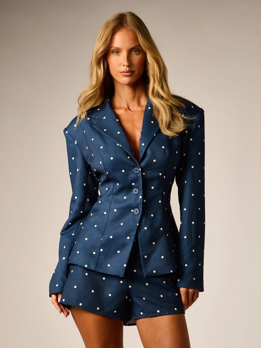 AiiRZ Polka Dot Fitted Blazer With Lapel Collar Three Button Closure Satin Finish Navy Summer Party Evening Jacket - Navy Blue - View 1