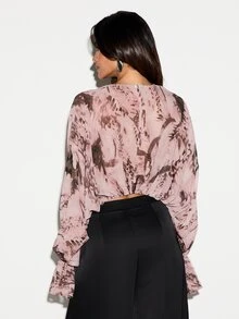 KIZN Tie Dye Chiffon Crop Blouse With Deep Plunge Neckline Long Bell Sleeves And Front Tie Detail For Summer Festival - Multicolor - View 3