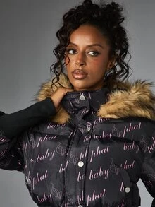 BABYPHAT All-Over Print Cropped Puffer Jacket With Faux Fur Trim Hood And Button Closure Winter Outerwear - Black - View 4
