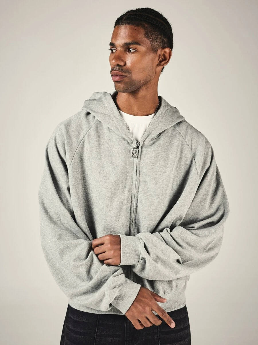 SUMWON Oversized Full-Zip Hoodie With Raglan Sleeves Elasticated Hem And Decorative Zipper Pull Casual Winter Layering Essential - Grey - View 1