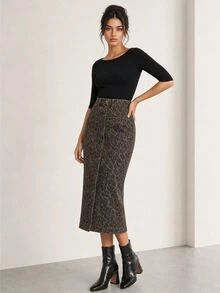 ELLERISSA Leopard Print High Waist Button Front Denim Midi Pencil Skirt - Multicolor - View 4