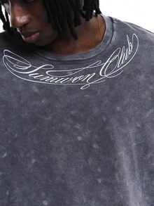 SUMWON Oversized Acid Washed Crew Neck T-Shirt With Cursive Script Chest Print Boxy Short Sleeve Summer Festival Streetwear Top - Grey - View 2