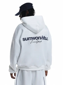 SUMWON Stu New York Oversized Pullover Hoodie With Chest And Back Logo Print Long Sleeve Casual Streetwear Top - White - View 1