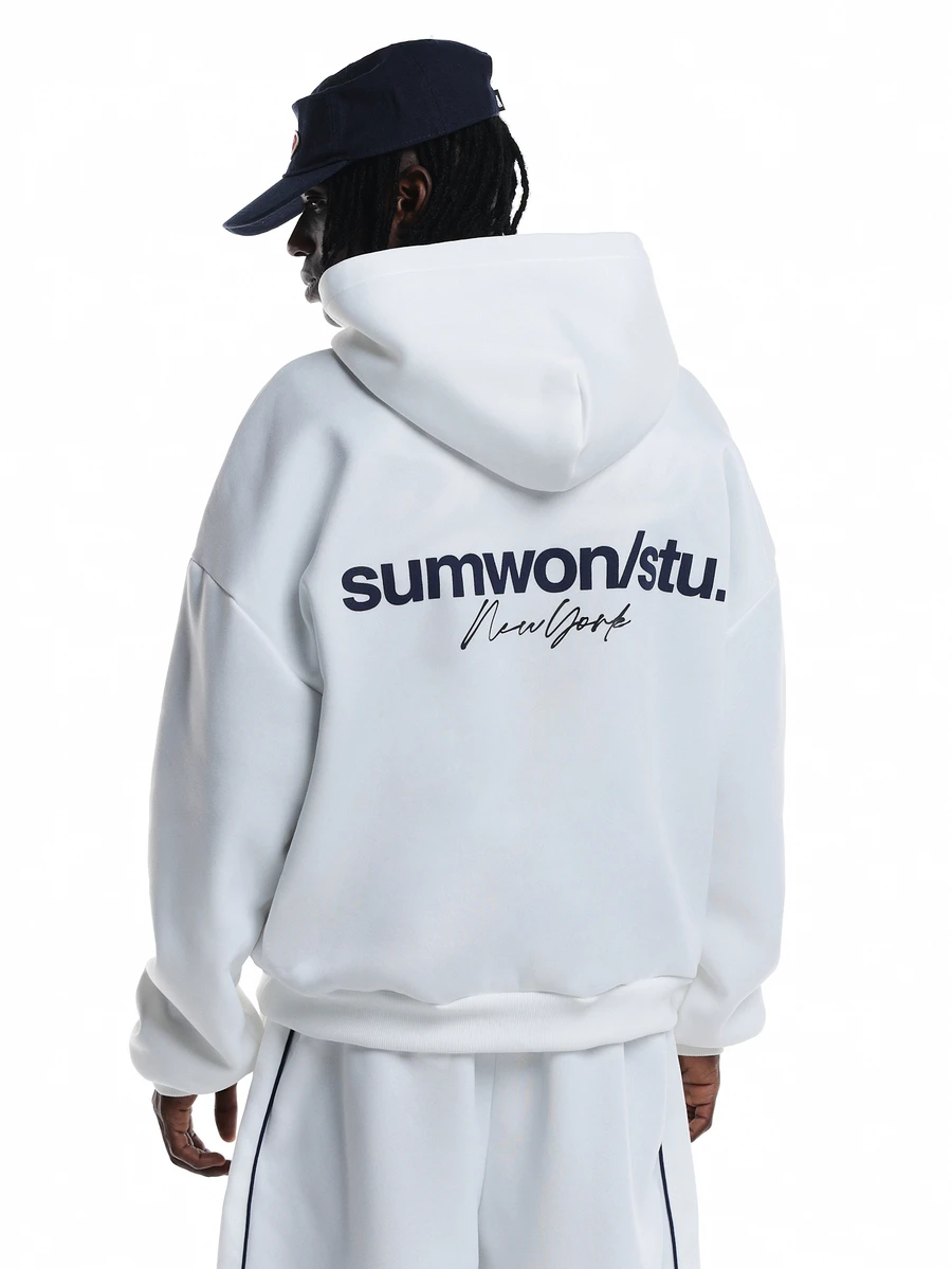 SUMWON Stu New York Oversized Pullover Hoodie With Chest And Back Logo Print Long Sleeve Casual Streetwear Top - White - View 1