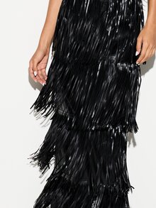 KIZN Tiered Fringe Faux Leather Maxi Skirt With Back Split Statement Party Festival Evening Occasion Long Length Style - Black - View 5