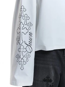 SUMWON Oversized Long Sleeve Crew Neck Tee With Gothic Cross Graphic And Script Sleeve Print Street Style Casual Top - White - View 6