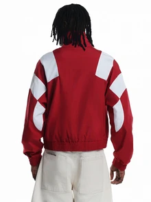 SUMWON Oversized Color Block Windbreaker Jacket With Full Zip Closure Mandarin Collar And Elasticated Hem And Cuffs - Red and White - View 2