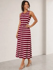 ELLERISSA Burgundy Striped Round Neck Sleeveless Button Front Knit Midi Dress - Burgundy - View 6