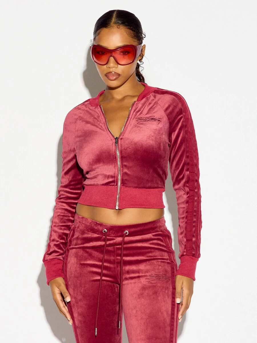 SUMWON WOMEN Velour Cropped Track Top Full Zip Ribbed Hem Long Sleeve Stripe Detail Embroidered Logo Y2K Retro Streetwear Jacket - Red - View 1