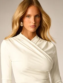 AiiRZ Crossover Wrap Crop Top With High Neck And 3/4 Fitted Sleeves Ruched Detail Elegant Style For Spring Summer - White - View 5