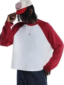 SUMWON Oversized Raglan Long Sleeve Crew Neck Color Block Baseball Tee With Contrast Sleeves And Ribbed Neckline For Casual Everyday Wear - Red and White - View 4