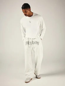 PLAYBOY X SUMWON Logo Wide Leg Sweatpants With Applique Text Drawstring Waist And Patch Pockets Fleece Casual Lounge Pants - Grey - View 3