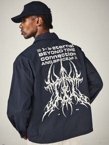 SUMWON Eternal Beyond Time Connection Space Graphic Back Print Checked Shirt With Script Embroidery Long Sleeve Button Down Collared Overshirt - Blue - View 1