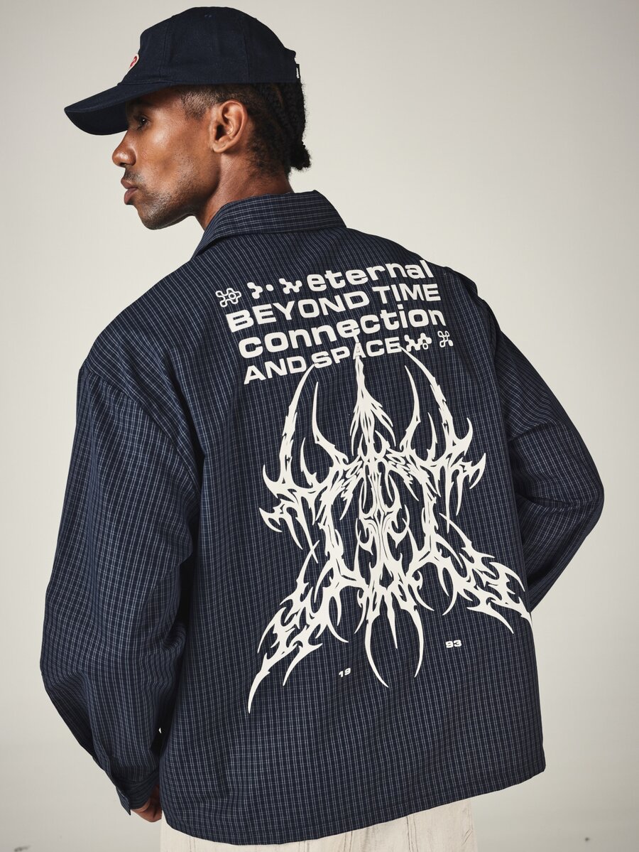 SUMWON Eternal Beyond Time Connection Space Graphic Back Print Checked Shirt With Script Embroidery Long Sleeve Button Down Collared Overshirt - Blue - View 1
