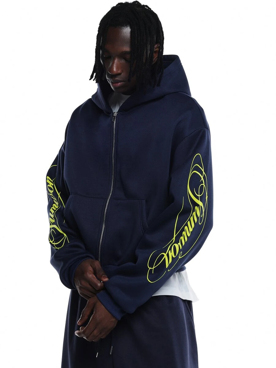 SUMWON Full-Zip Hoodie With Neon Script Sleeve Print Oversized Fit Single Centre Pocket Casual Streetwear Fall Winter - Navy Blue - View 1