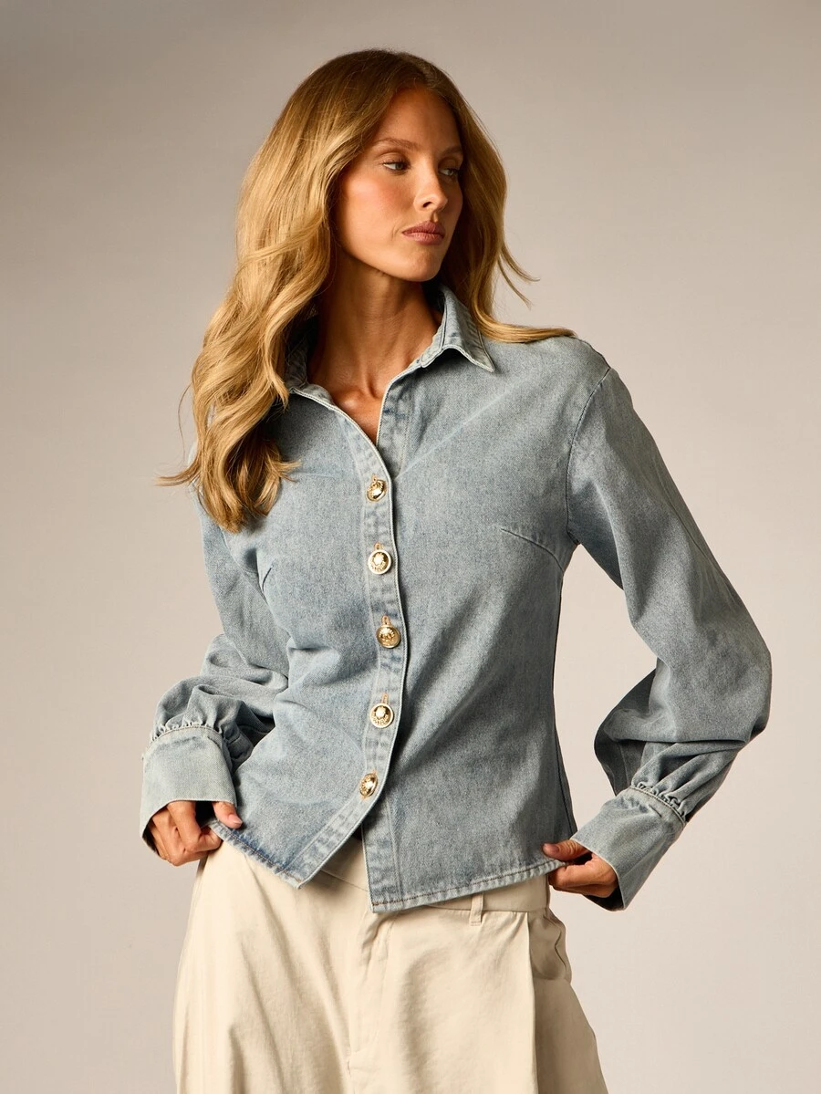 AiiRZ Light Wash Denim Shirt With Gold Buttons Collared Puff Sleeve Button Down Top Spring Summer Casual Chic Style - Blue - View 1