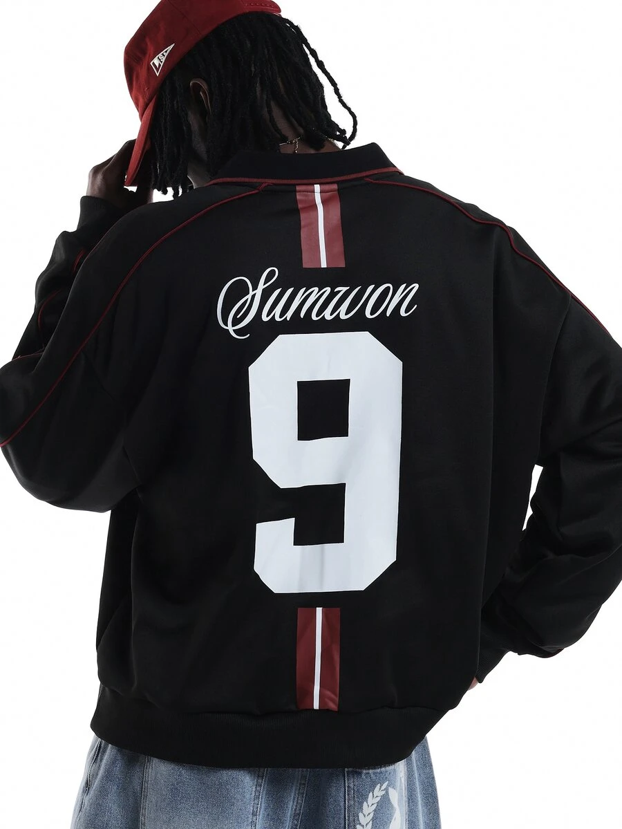 SUMWON Oversized Half-Zip Collared Sweatshirt With Number 9 Back Print And Contrast Red Piping Detail Long Sleeve Top - Black - View 1