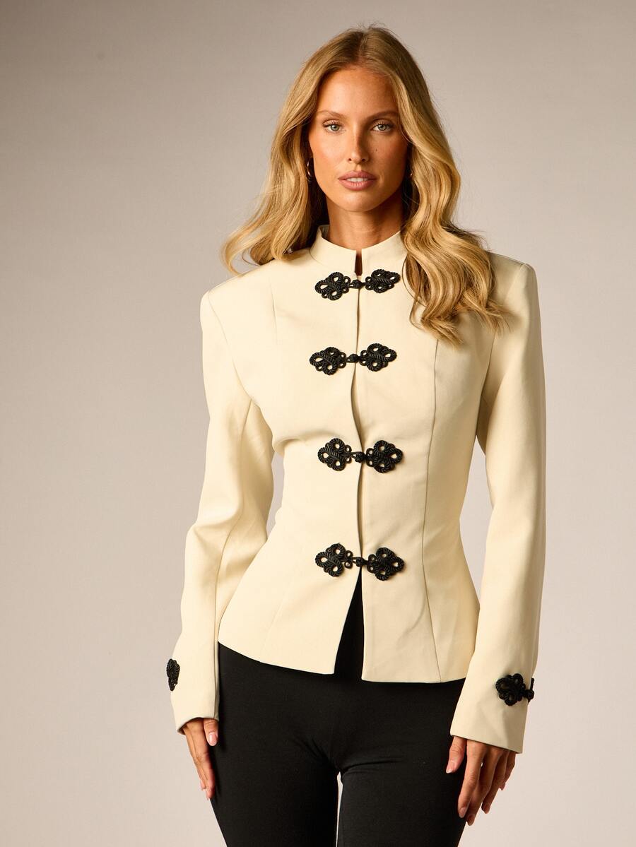 AiiRZ Fitted Military Style Jacket With Ornate Black Frog Closures Stand Collar And Structured Silhouette Perfect For Fall Winter Occasions - Apricot - View 1