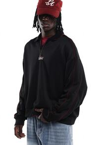 SUMWON Oversized Half-Zip Collared Sweatshirt With Number 9 Back Print And Contrast Red Piping Detail Long Sleeve Top - Black - View 4