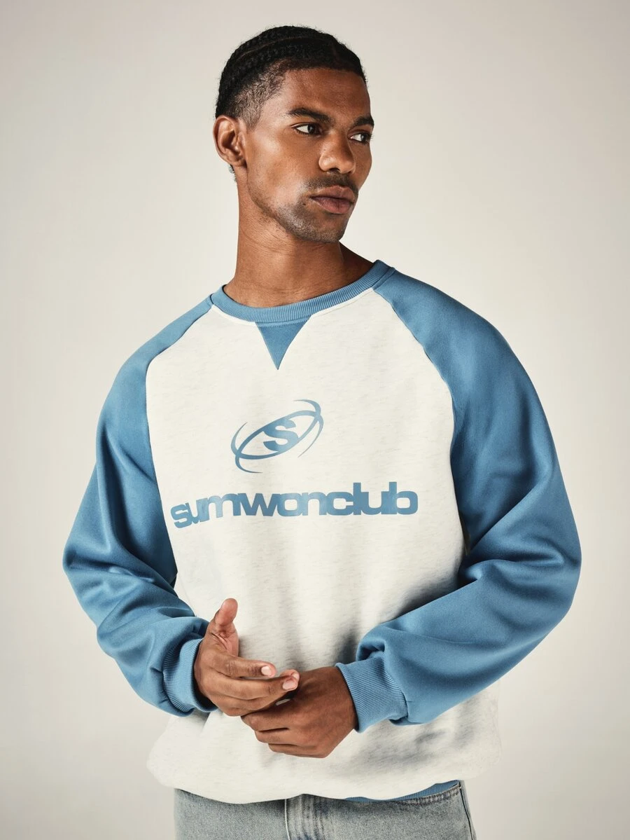 SUMWON Club Raglan Crew Neck Sweatshirt With Color Block Sleeves And Logo Chest Print Oversized Pullover Top - Blue and White - View 1