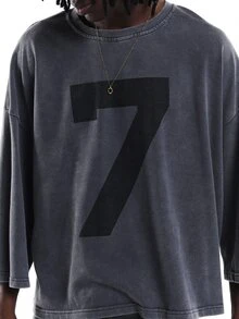 SUMWON Oversized Boxy Crop T-Shirt With Number 7 Front Print And Gothic Script Back Detail, Crew Neck 3/4 Sleeve Washed Tee - Grey - View 5