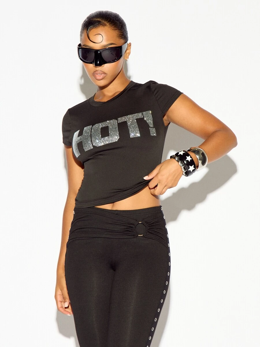 SUMWON WOMEN Black Rhinestone Embellished HOT! Slogan Crew Neck Cap Sleeve Slim Fit T-Shirt With Sparkling Crystal Text Graphic Summer Party Top - Black - View 1