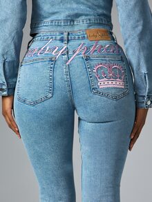 BABYPHAT Women's Fashion Hot Girl Embroidered Button Pocket Flared Jeans - Medium Wash - View 5