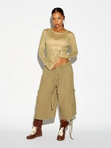 SUMWON WOMEN Wide Leg Cargo Pants With Drawstring Waist Elastic Ankles And Side Cargo Pockets In Washed Olive Cropped Length - Army Green - View 5